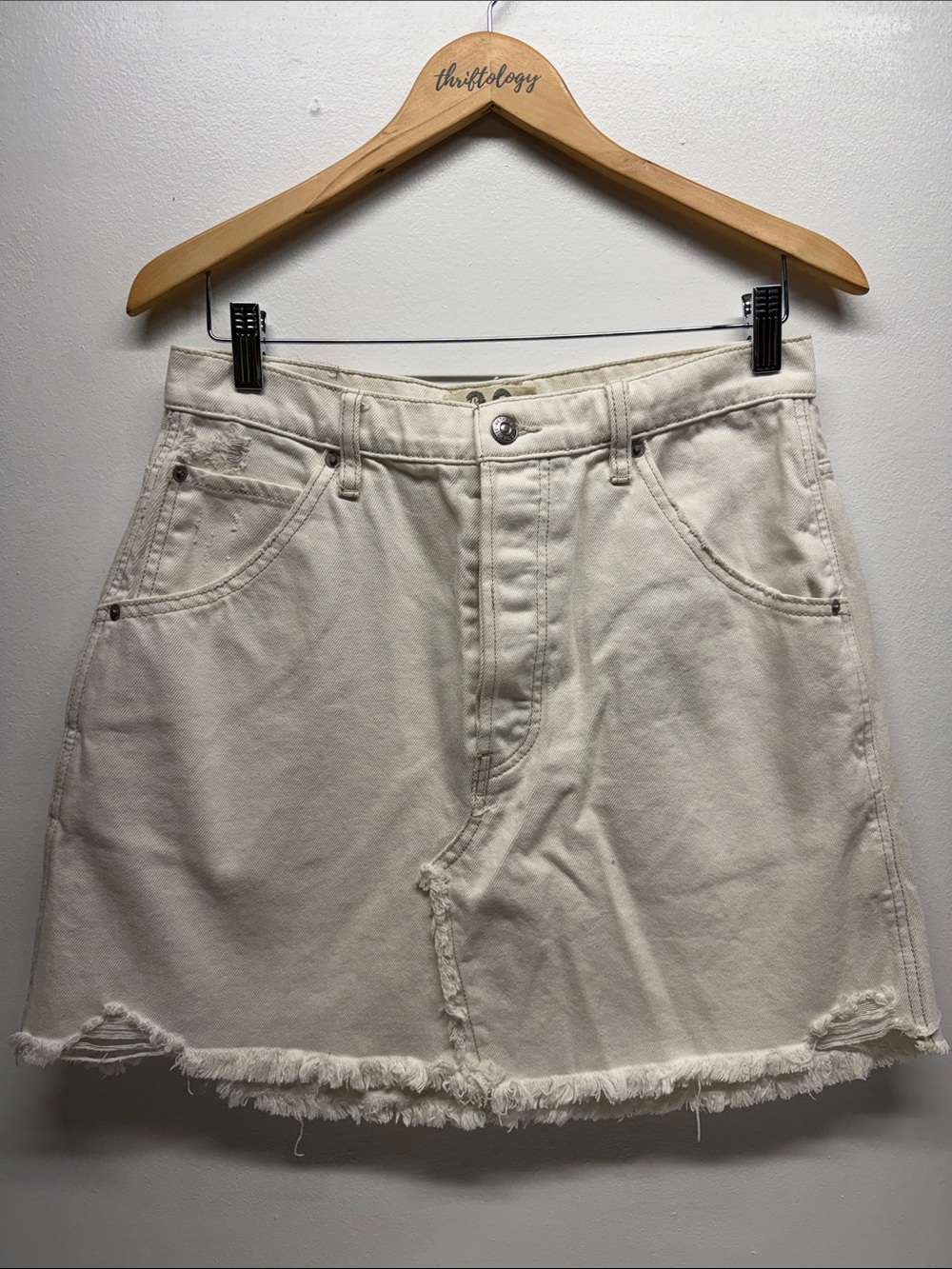 We The Free Brea Cutoff Skirt Midi Cotton Distressed Denim Button Fly White 30 - Picture 2 of 10